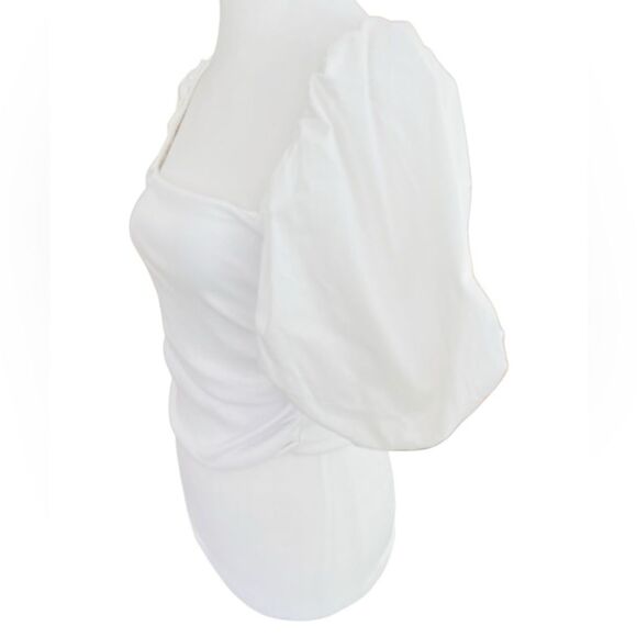 ZARA white ribbed square neck ruched side top with balloon sleeves size M. - Picture 5 of 9